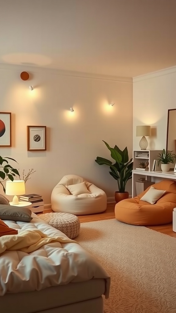A cozy teenage boy's bedroom featuring bean bags, soft lighting, and plants for a relaxation zone.