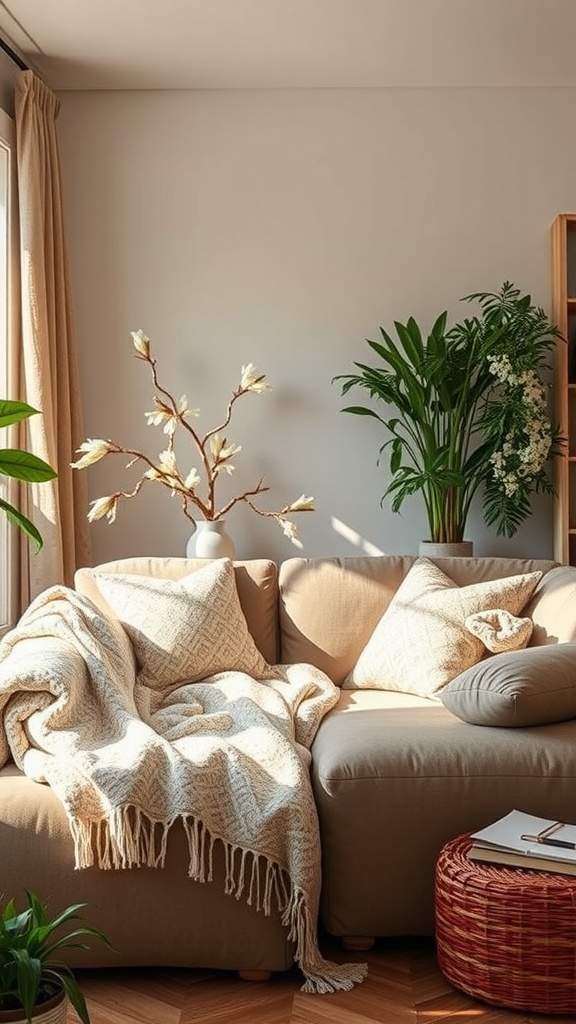 A cozy seating area with a beige couch, decorative pillows, throw blanket, and indoor plants.