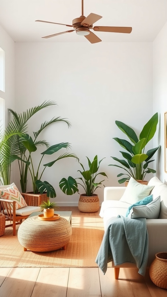 A cozy living room filled with tropical plants, featuring a white sofa and warm color accents.