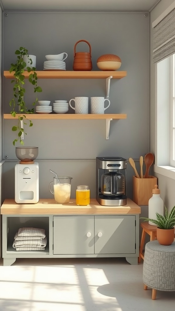 A cozy beverage corner in a kitchen with shelves, a coffee maker, and a pitcher.
