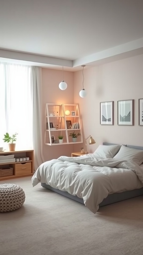 A cozy bedroom with soft pastel colors, featuring a bed with light bedding, plants, and minimalist decor.