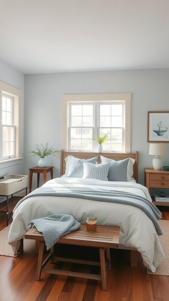 Cozy farmhouse bedroom with gray walls, blue bedding, and wooden furniture