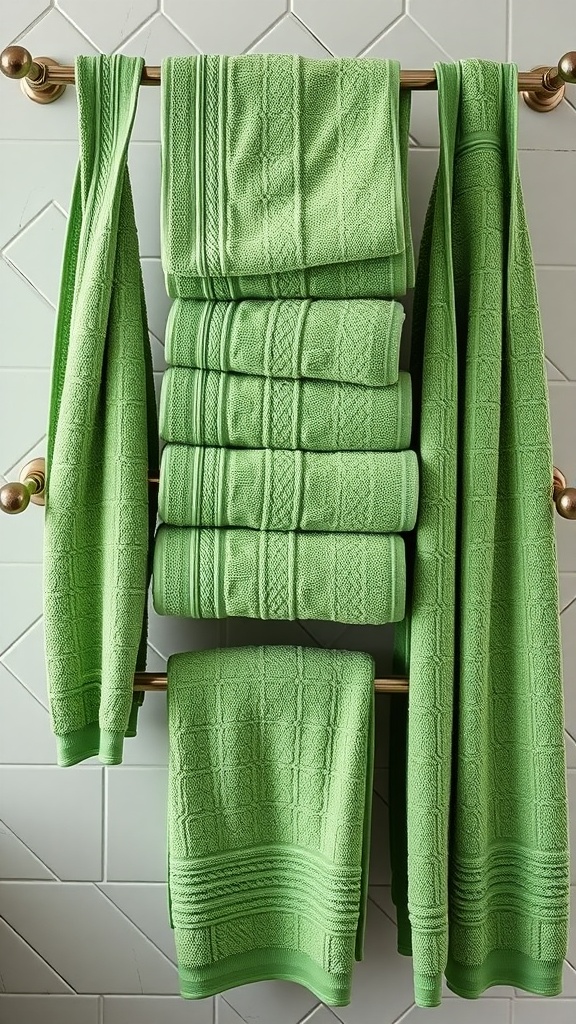 Collection of green towels hanging on a towel rack in a bathroom