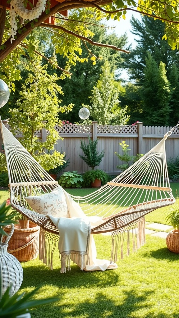 A cozy hammock set in a backyard surrounded by plants and trees, perfect for a baby shower.