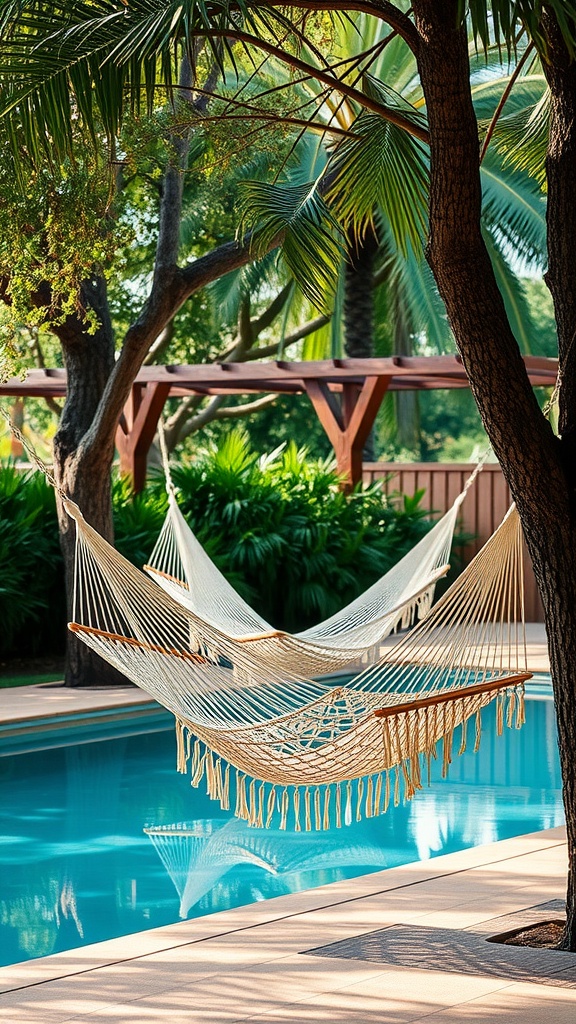Two hammocks hanging between trees near a pool surrounded by greenery.