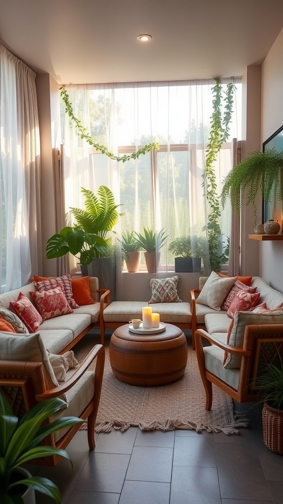 Cozy lounge area with soft seating, colorful cushions, plants, and natural light