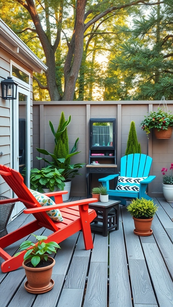 Colorful lounge chairs on a deck surrounded by plants and trees.
