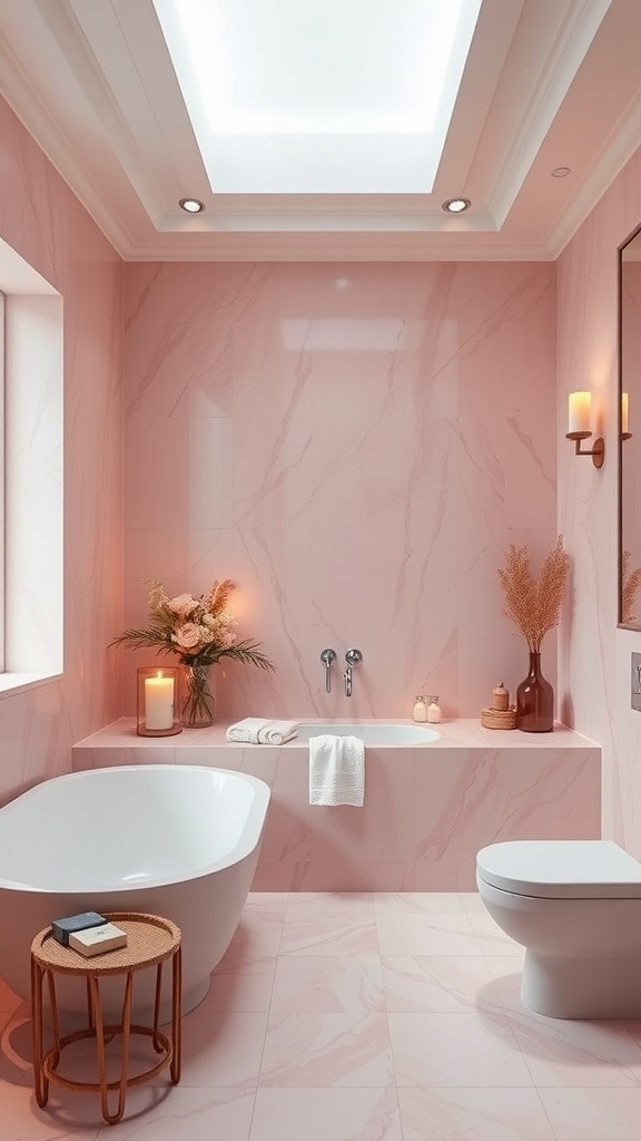A luxurious pink bathroom featuring a freestanding bathtub, pink marble walls, and soft lighting.