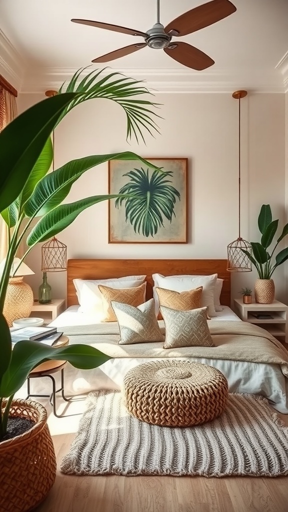 Cozy tropical bedroom with lush plants, a comfortable bed, and a relaxing reading nook.