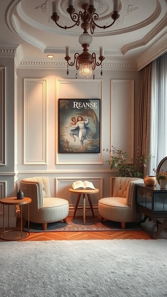 A cozy reading nook with plush chairs, a small table, and decorative elements.
