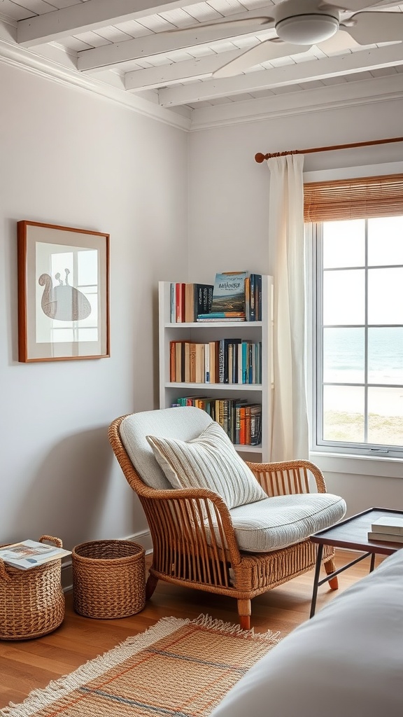 A cozy beach-themed reading nook featuring a wicker chair, a bookshelf with books, and natural light streaming in from a window.
