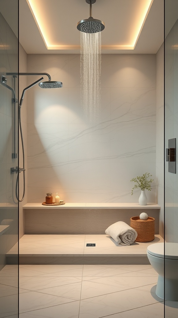 Modern shower space with rainfall fixture, built-in bench, soft lighting, and decorative elements.