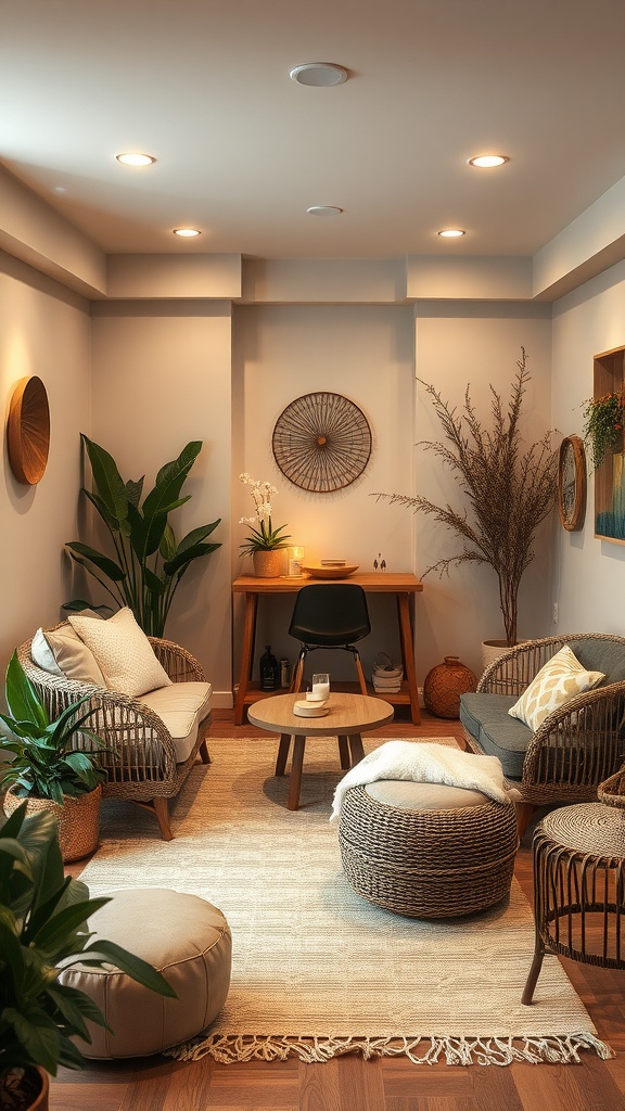 A cozy basement family room with natural textures, plants, and soft lighting.