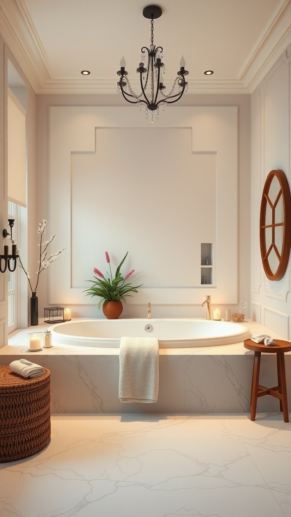 A modern spa bathroom featuring a large bathtub, chandelier, candles, and a potted plant.