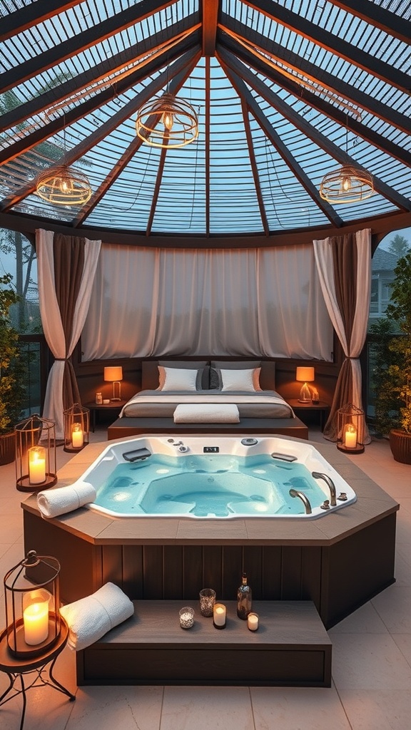 A cozy gazebo with a hot tub, bed, and soft lighting, creating a relaxing spa atmosphere.