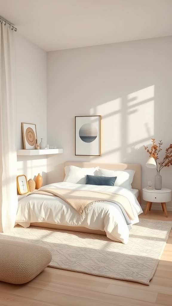A serene bedroom with a cozy bed, soft linens, and natural light creating a calming atmosphere.