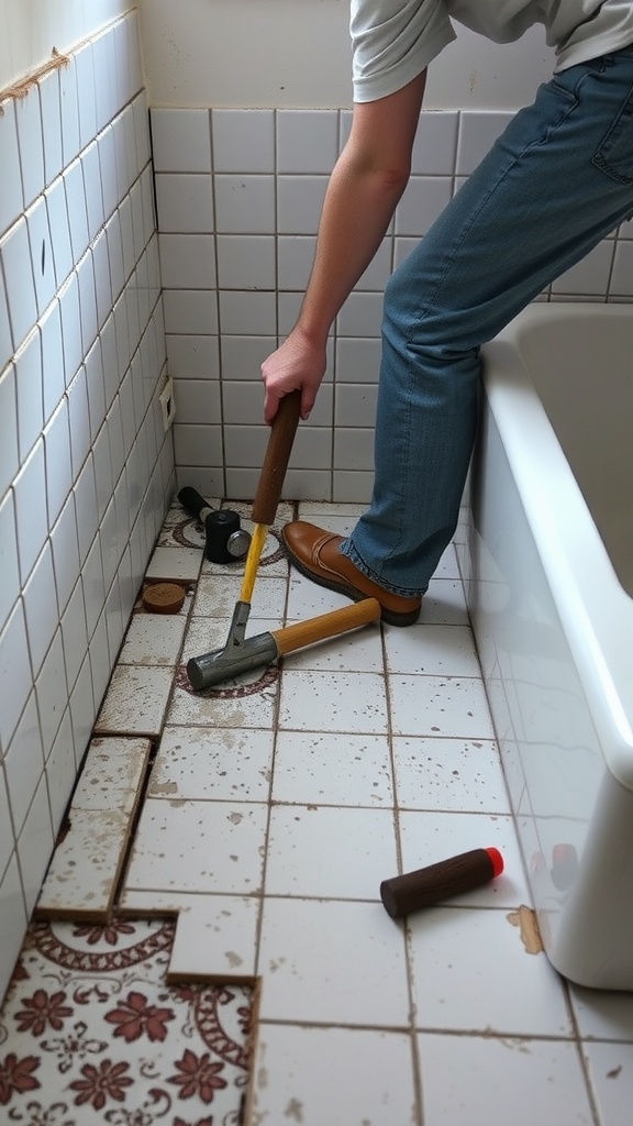 Person removing old floor tiles in a bathroom