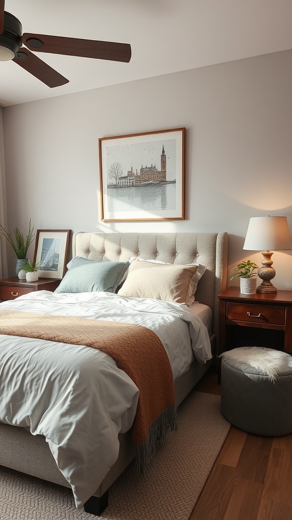 A cozy bedroom with a neatly made bed, decorative pillows, and a warm throw blanket, showcasing a relaxing atmosphere.