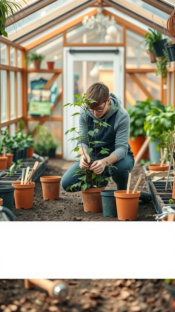 A person repotting a plant inside a greenhouse, surrounded by pots and greenery.