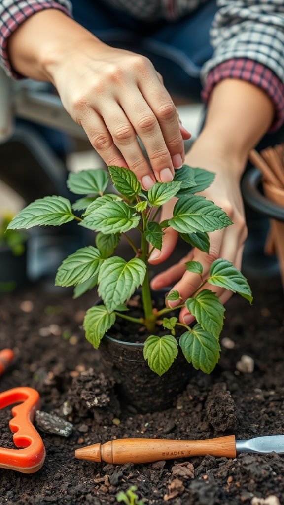 A person gently handling a young indoor plant during repotting, with gardening tools nearby.