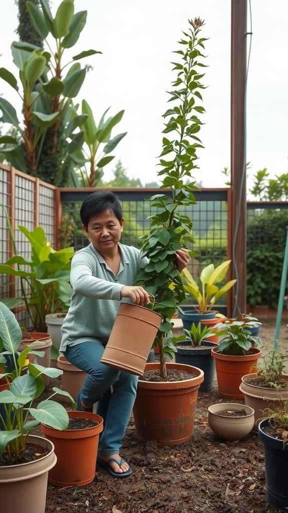 A person repotting a tall house plant in a garden surrounded by various pots.