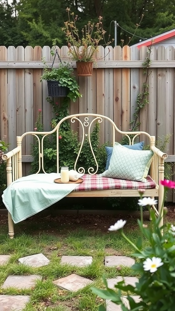 A charming garden bench made from a repurposed bed frame, adorned with pillows and a blanket, surrounded by flowers and plants.