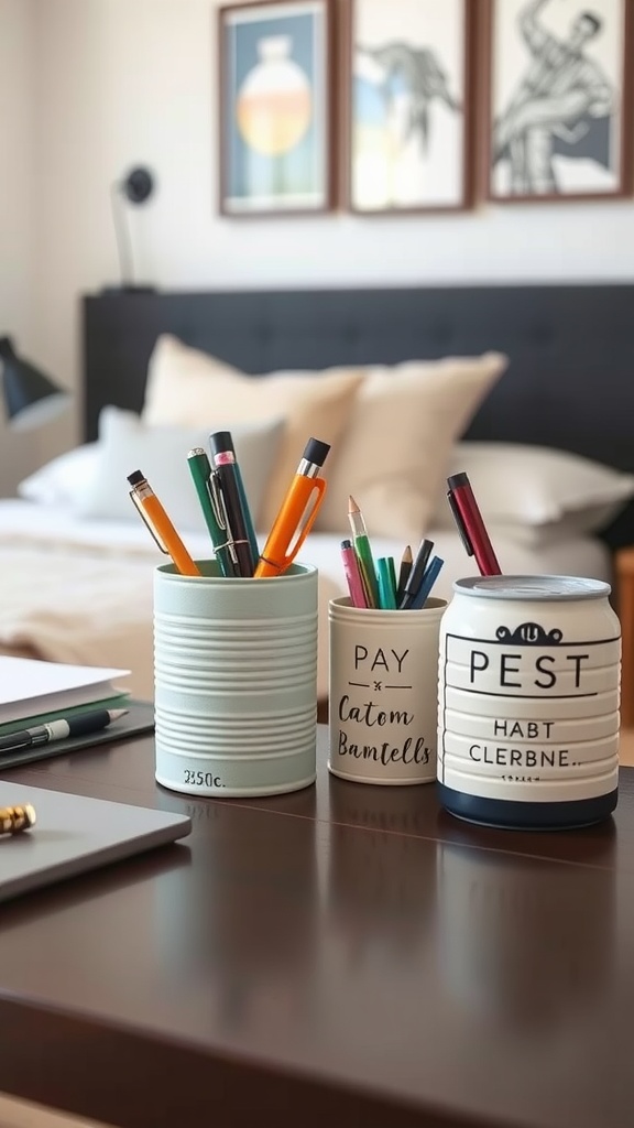 Three repurposed cans used for desk organization, each with different designs, filled with pens and pencils.
