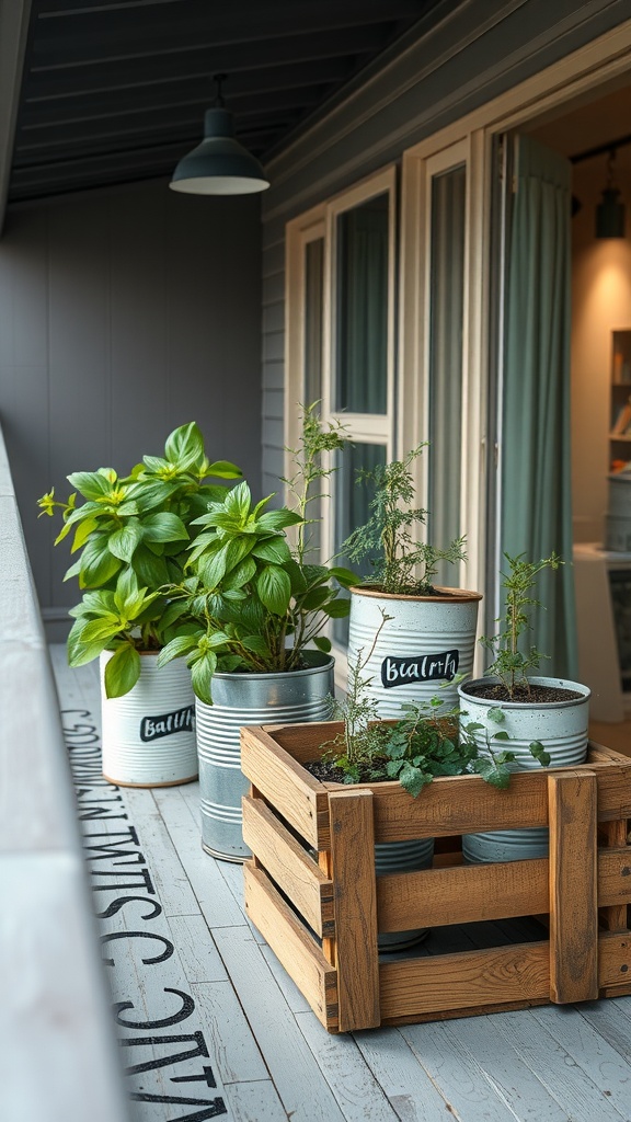 A cozy indoor herb garden featuring repurposed containers like tin cans and a wooden crate on a balcony.