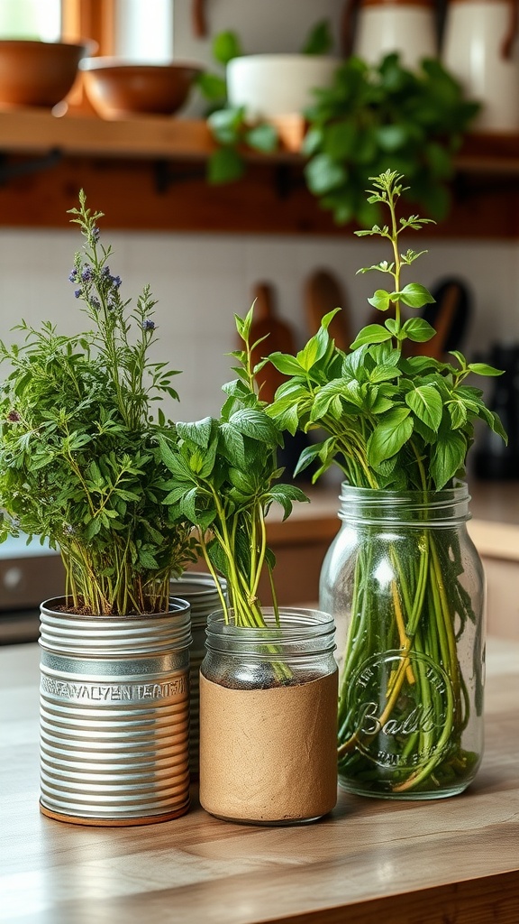 Potted herbs in repurposed containers like tin cans and jars on a kitchen table.