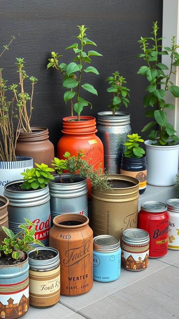 Colorful repurposed containers with various plants in a small garden setting.