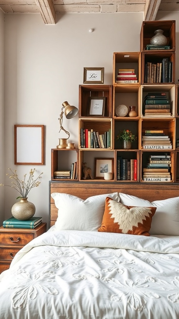 A cozy bedroom featuring a wall bookshelf made from repurposed wooden crates, displaying books and decorative items.