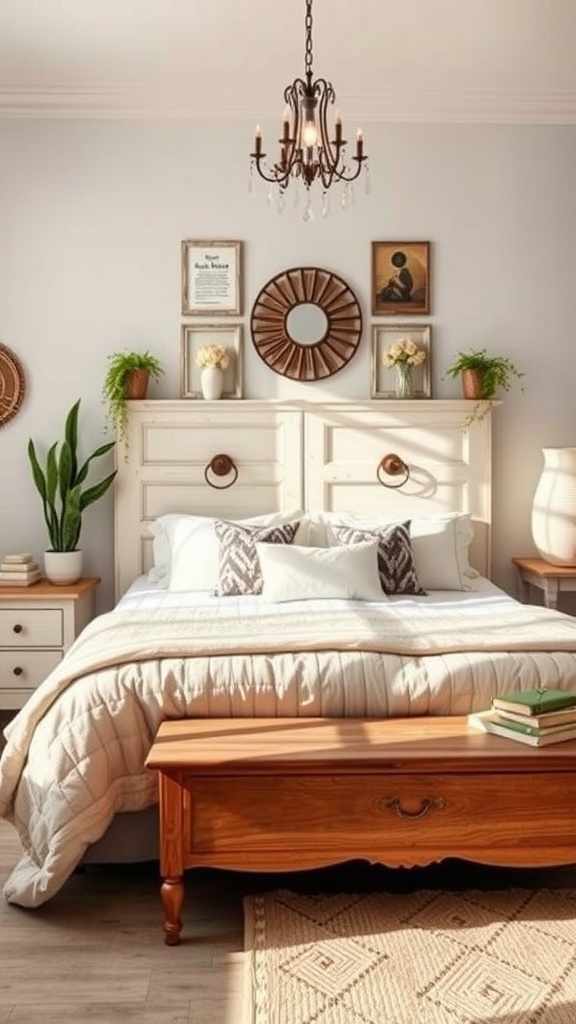 Bedroom featuring a repurposed door headboard with a cozy setup