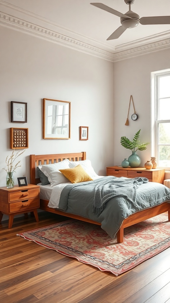 Cozy tiny bedroom with repurposed wooden furniture, including a bed, nightstands, and decorative elements.