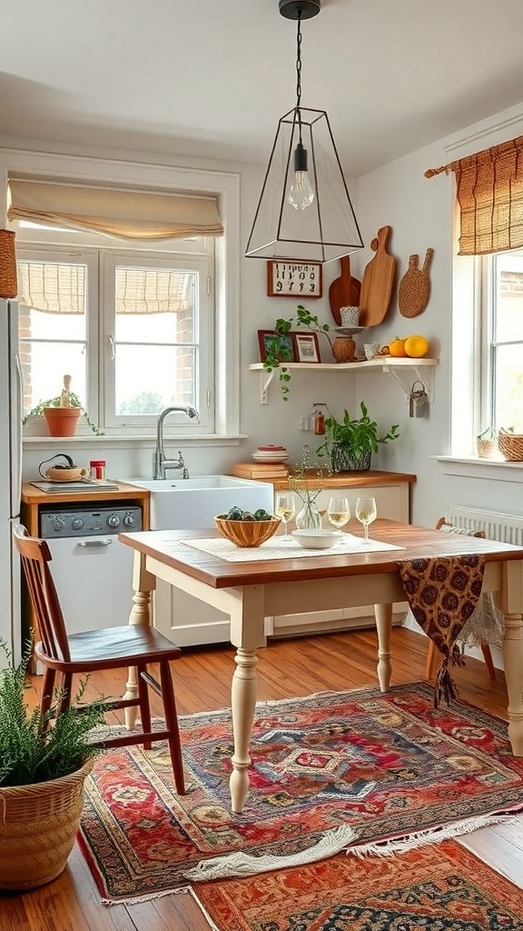 A cozy boho kitchen featuring a wooden table, mismatched chairs, and a colorful rug.