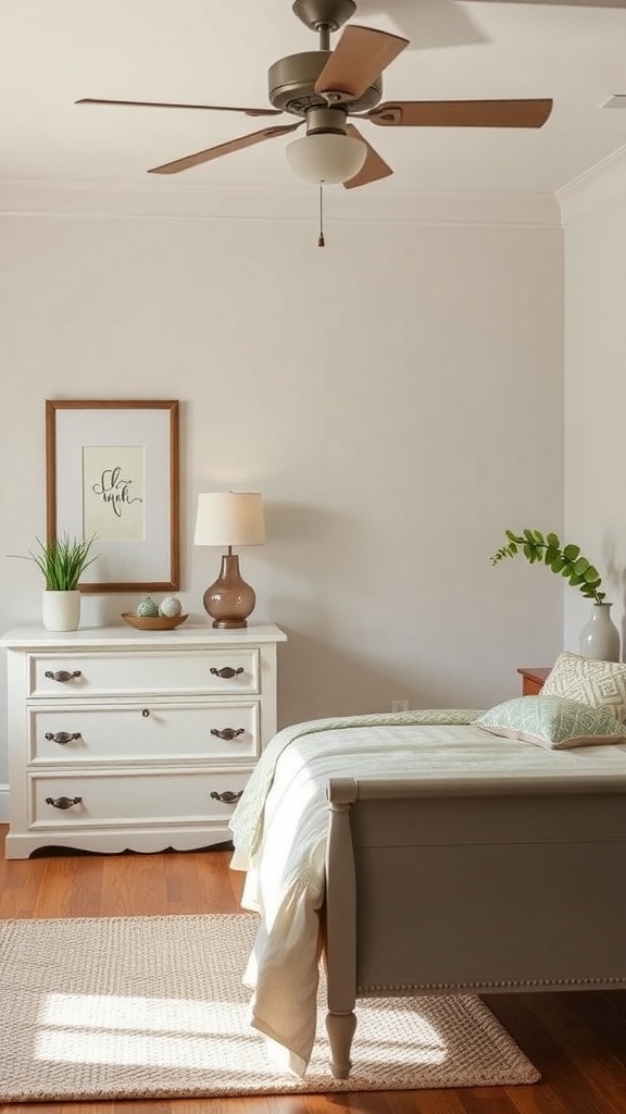 A cozy farmhouse bedroom featuring a repurposed dresser and bed with soft bedding.