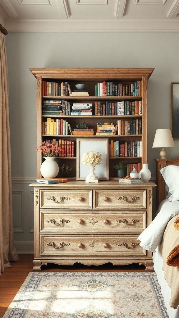 A repurposed dresser serving as a bookshelf in a cozy bedroom.