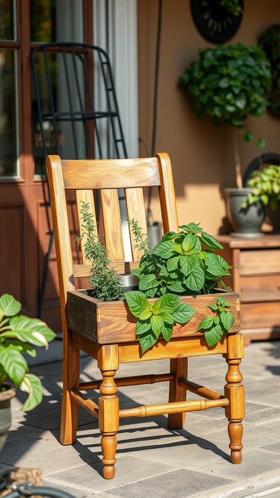 A wooden chair repurposed as a planter, filled with green herbs, sitting on a patio.