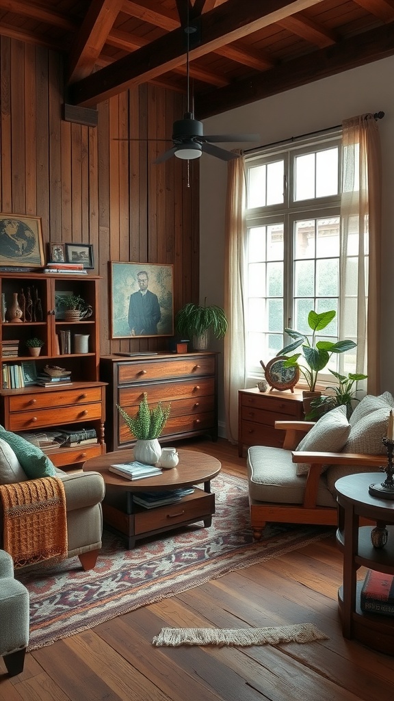 Cozy farmhouse living room featuring repurposed wooden furniture and warm decor.