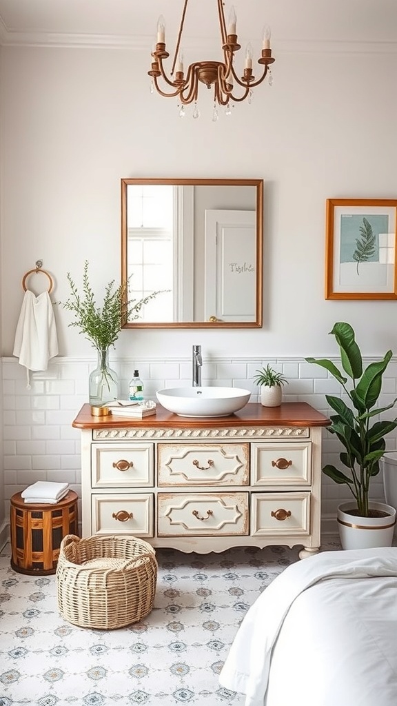 A stylish bathroom featuring a repurposed dresser as a vanity, with a modern sink, plants, and decorative elements.