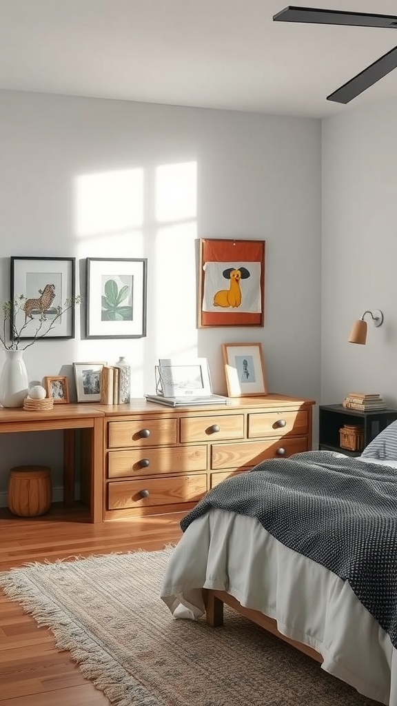A cozy bedroom featuring a wooden dresser and desk, showcasing repurposed furniture for storage.