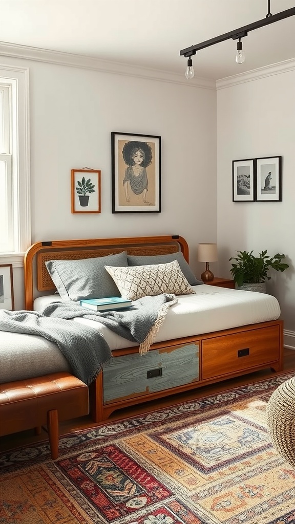 A cozy bedroom featuring a bed with built-in storage drawers and a stylish bench at the foot of the bed.