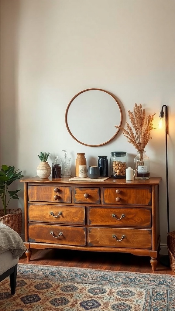 A wooden dresser repurposed as a coffee bar with decorative items and plants.