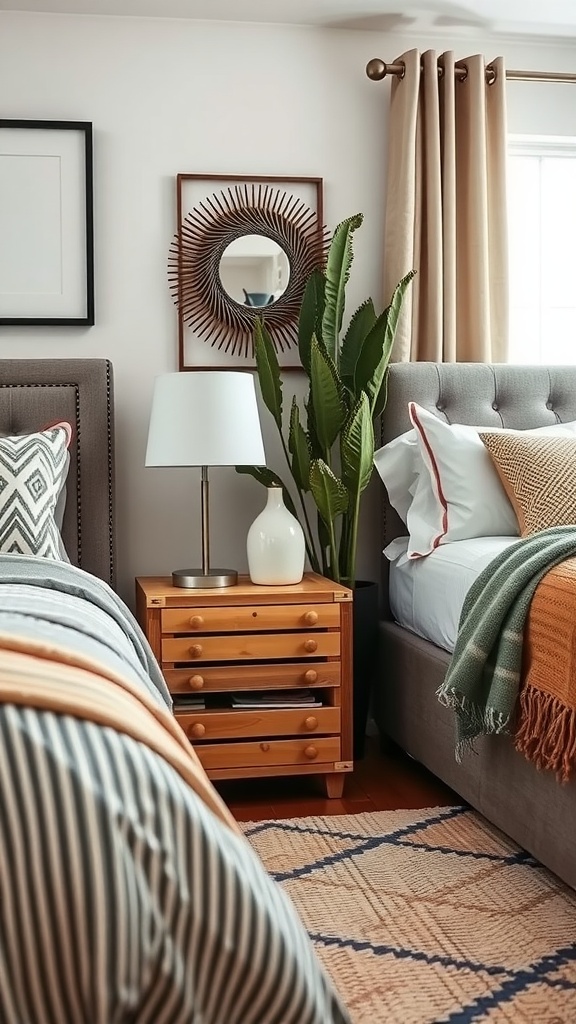 A cozy bedroom setup with a repurposed wooden nightstand and a modern bed, featuring stylish decor and plants.