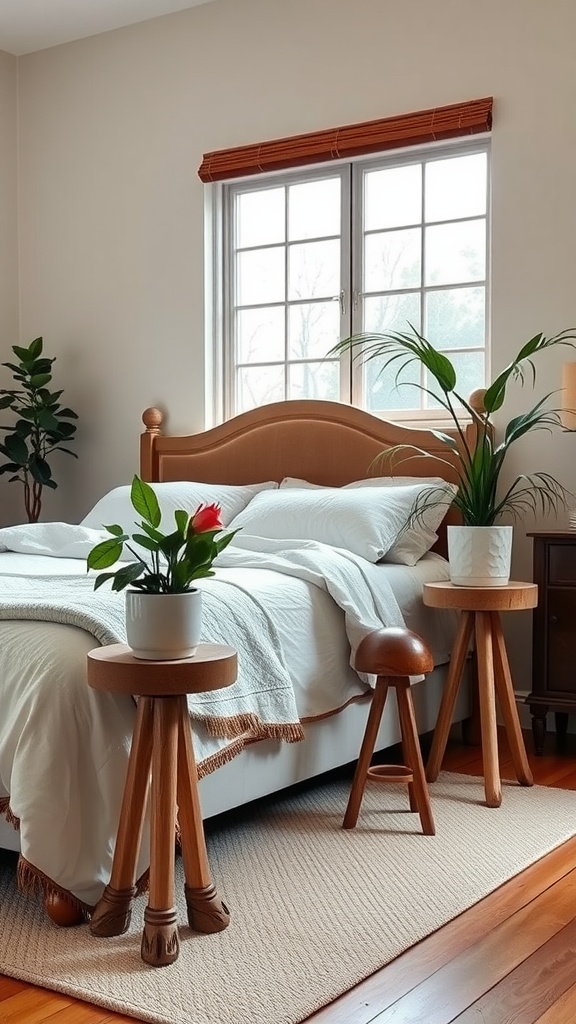 A cozy bedroom featuring wooden plant stands made from repurposed furniture legs, with plants on them beside the bed.