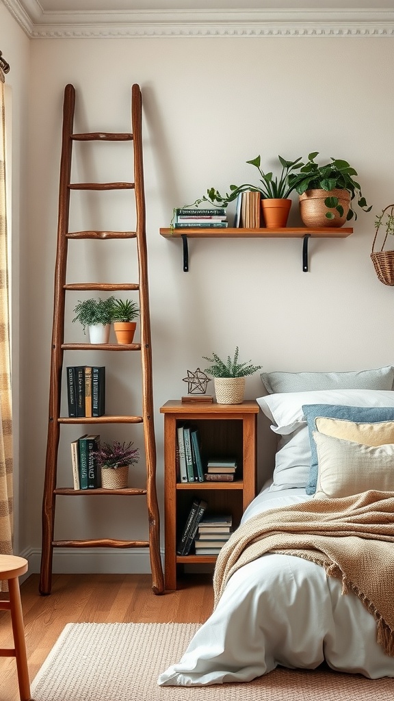 A wooden ladder used as a decorative shelf in a bedroom, displaying plants and books.