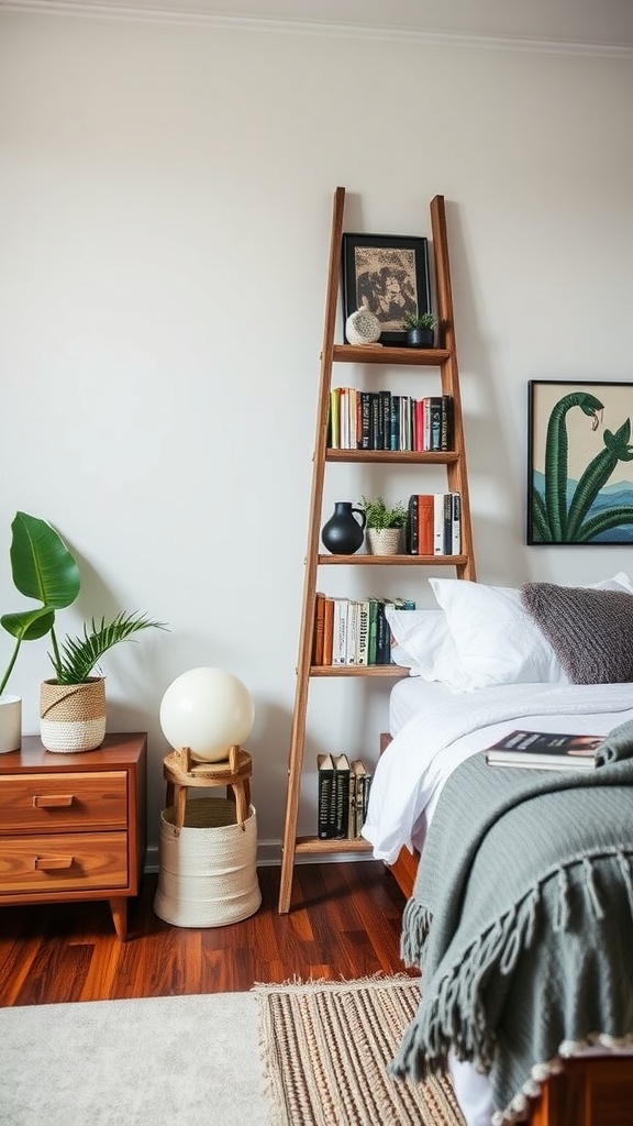 A bedroom featuring a repurposed ladder bookshelf with decorative items and books.