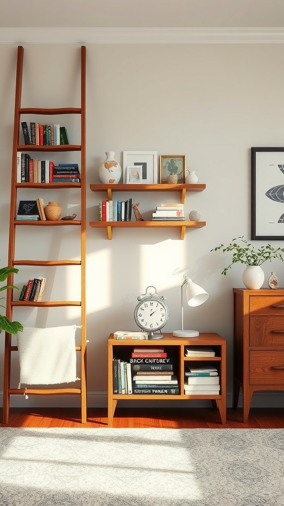 A wooden ladder bookshelf with colorful books and decorative items, alongside a small side table with a clock.