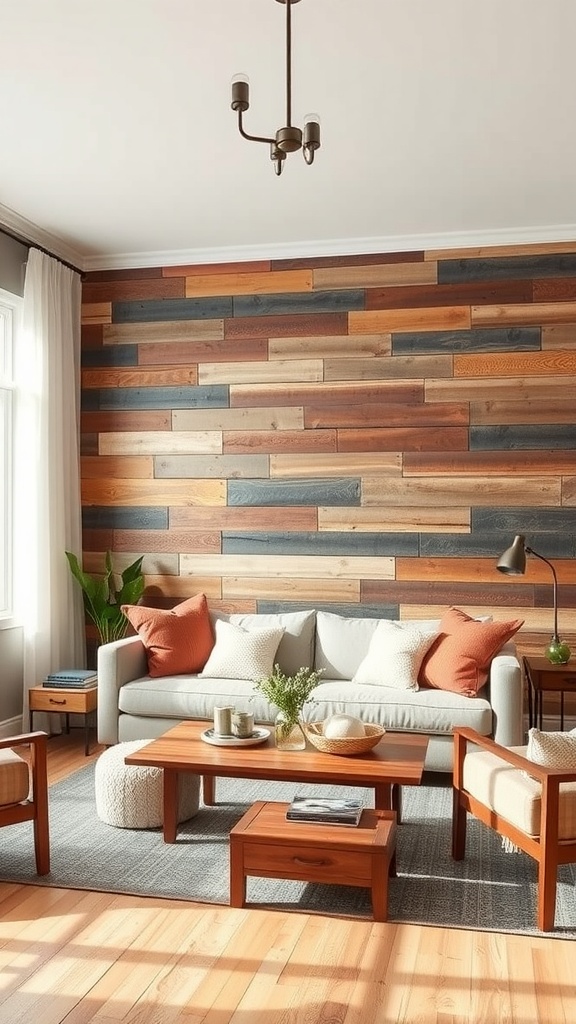 Living room featuring a repurposed pallet accent wall with a gray sofa and orange cushions.