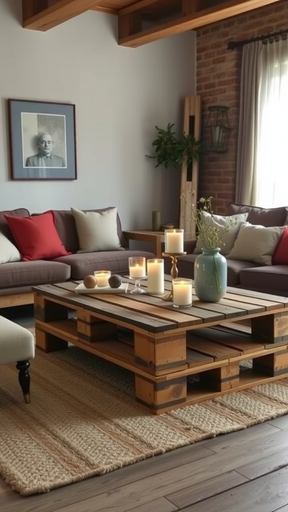 A cozy living room featuring a repurposed pallet table with candles and decorative items.