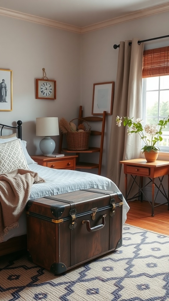 A vintage suitcase used as a stool at the foot of a bed in a cozy bedroom setting.